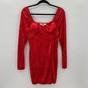 Madden NYC Womens L Velvet Bodycon Dress Red Corset Stretch Long Sleeve Holiday